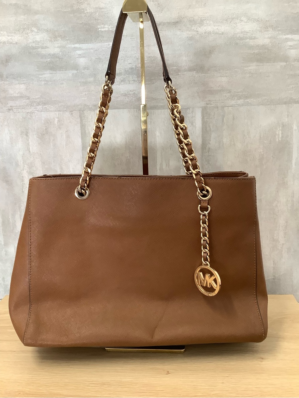 Michael Kors Cognac Leather Tote with Gold Chain Handles